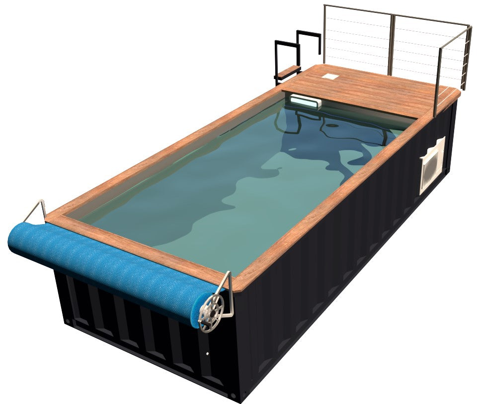 Piscine réalisée à partir d’un conteneur maritime aménagé et design
